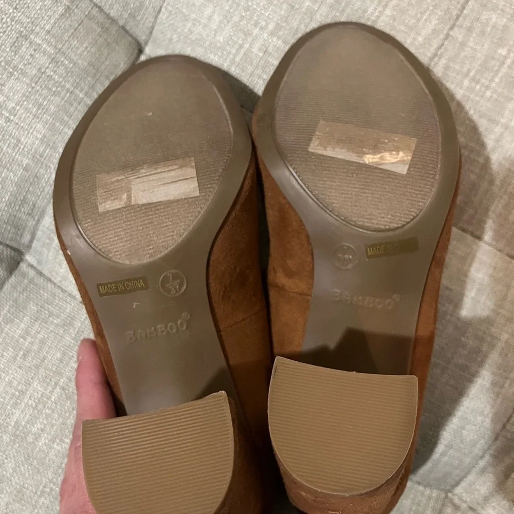 BAMBOO Caramel Heeled Faux Suede Shoes